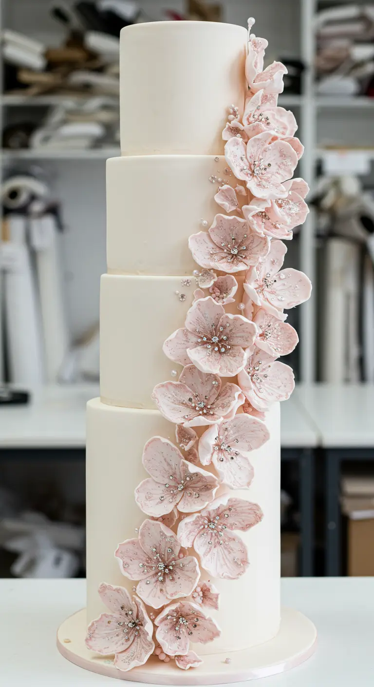 Hohe, weiße Hochzeitstorte mit einer Kaskade aus rosa Zucker-Kirschblüten.