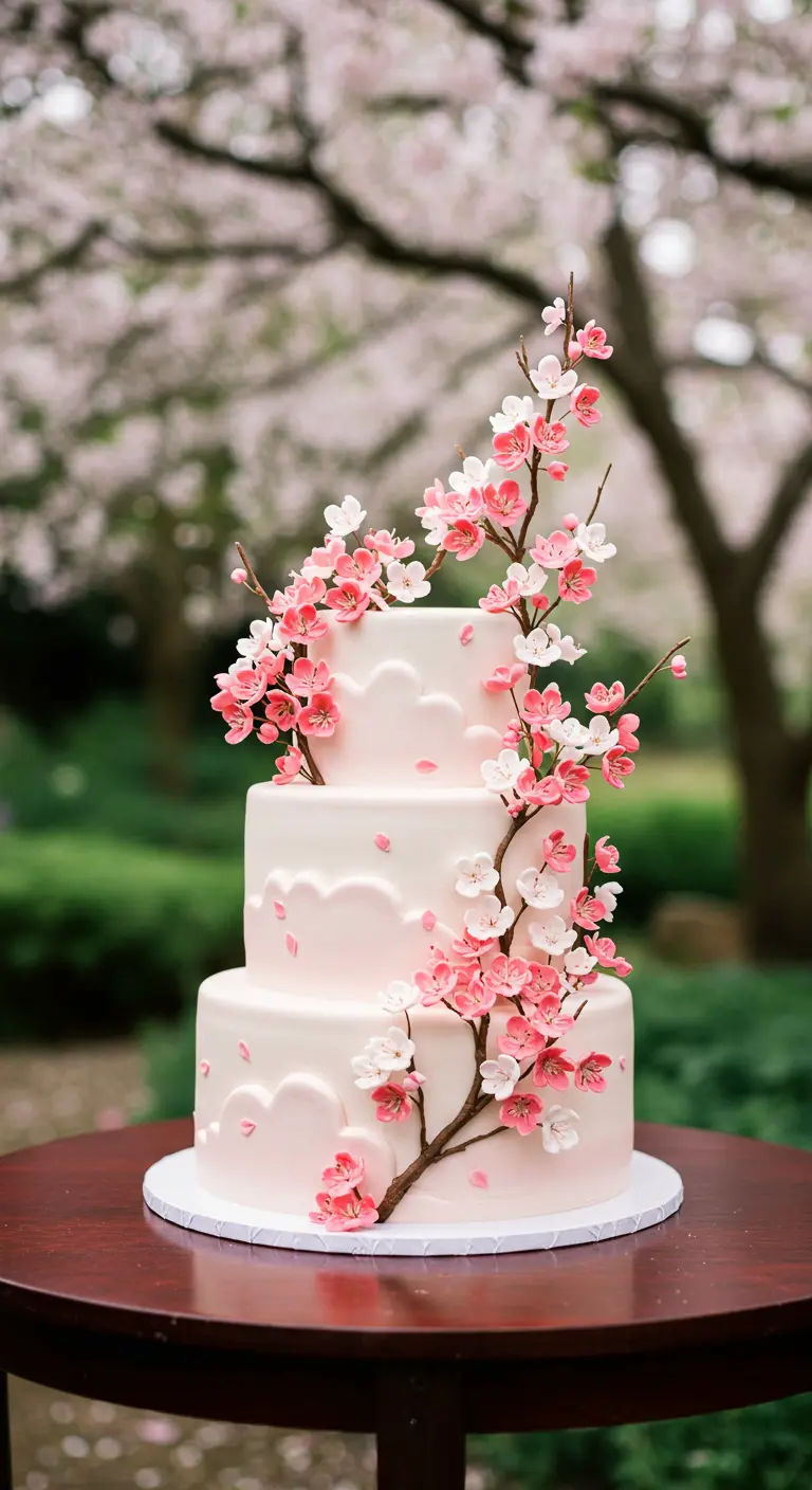 Dreistöckige weiße Torte mit rosa und weißen Kirschblüten an dunklen Zweigen.