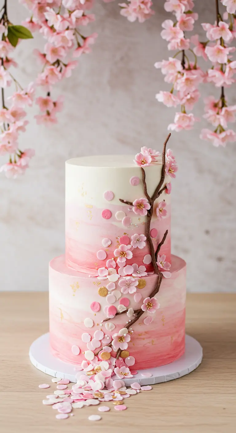 Zweistöckige rosa Ombré-Torte mit Kirschblütenzweig und herabfallenden rosa-goldenen Konfetti-Blüten.