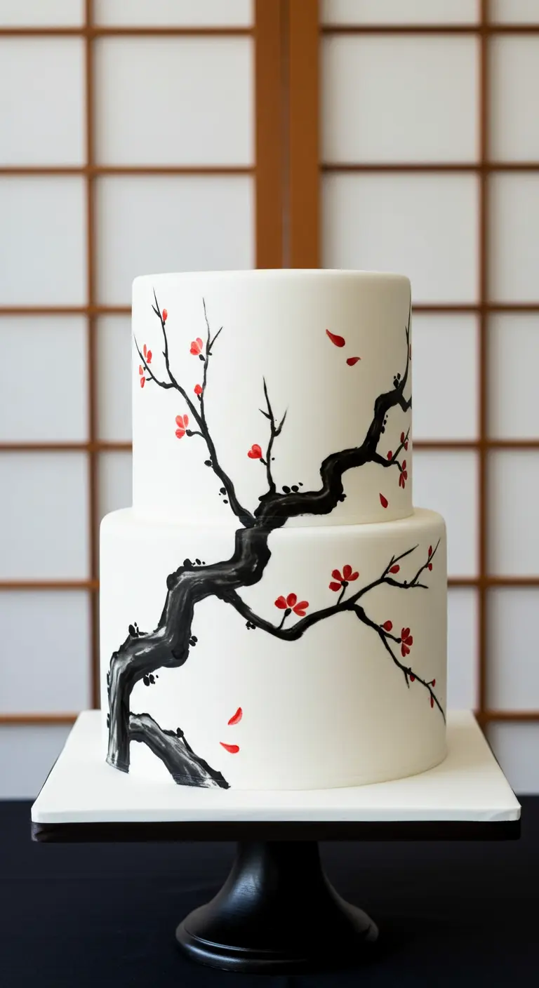 Weiße Hochzeitstorte mit einem handgemalten schwarzen Ast und kleinen roten Kirschblüten.