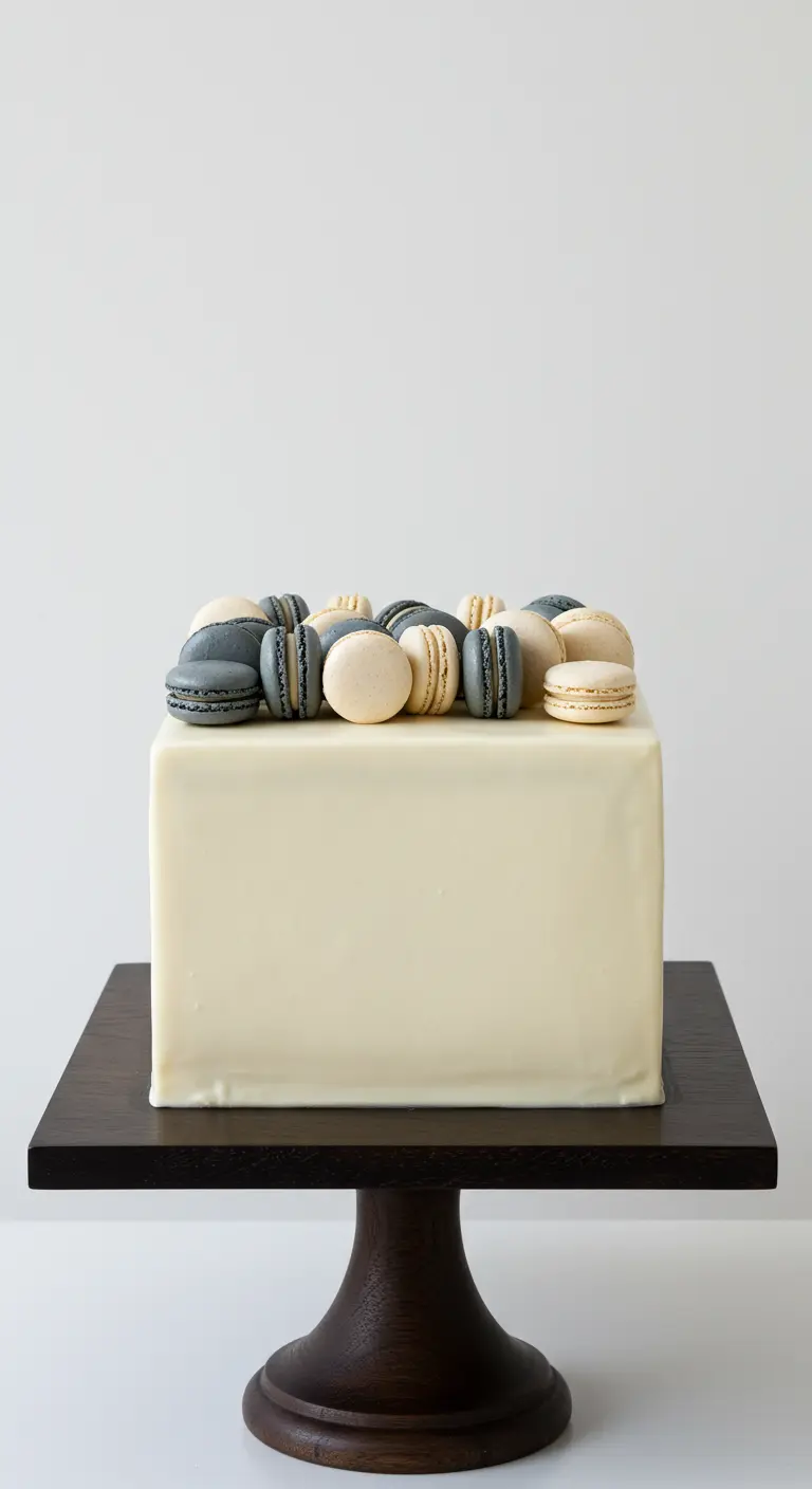 Rechteckige cremefarbene Torte mit einer Ansammlung von beige-grauen Macarons obenauf.