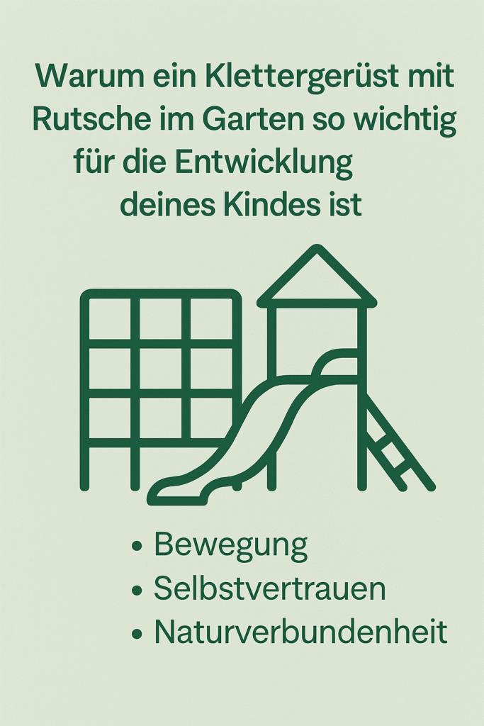 Abbildung eines Klettergerüsts mit Rutsche und deutschem Text, der die entwicklungsfördernden Vorteile des Spielens im Freien für Kinder hervorhebt.
