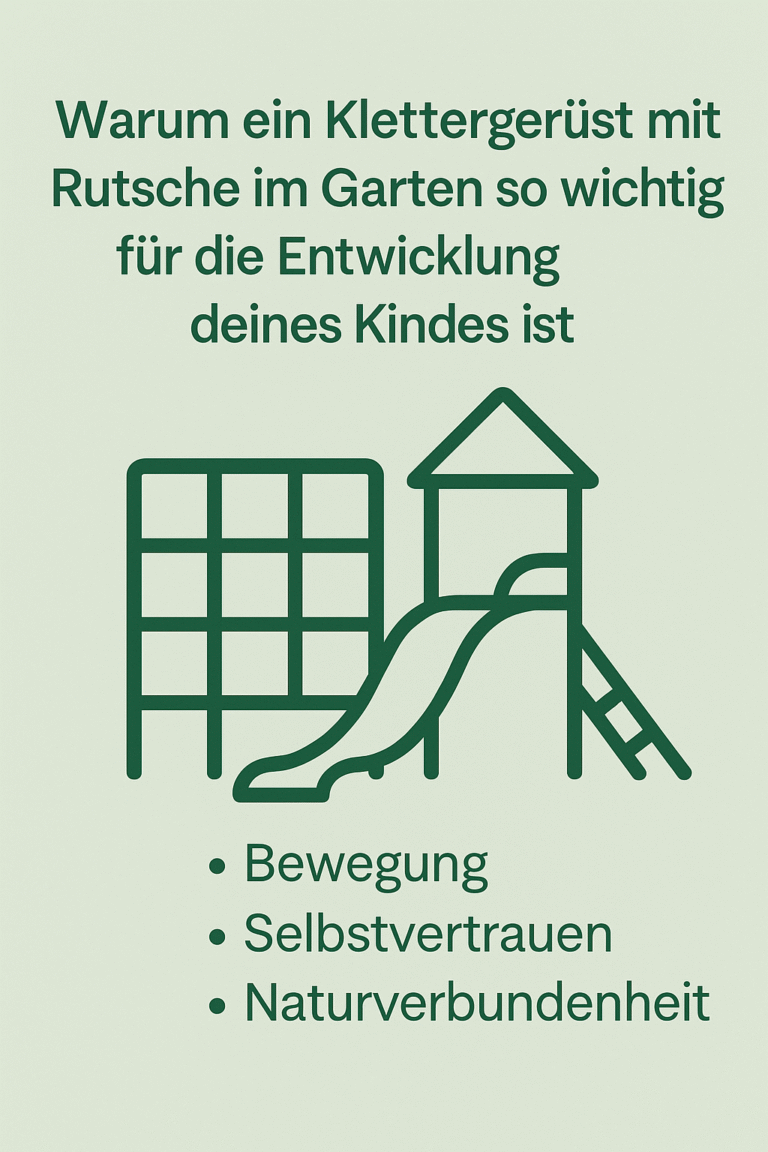 Abbildung eines Klettergerüsts mit Rutsche und deutschem Text, der die entwicklungsfördernden Vorteile des Spielens im Freien für Kinder hervorhebt.