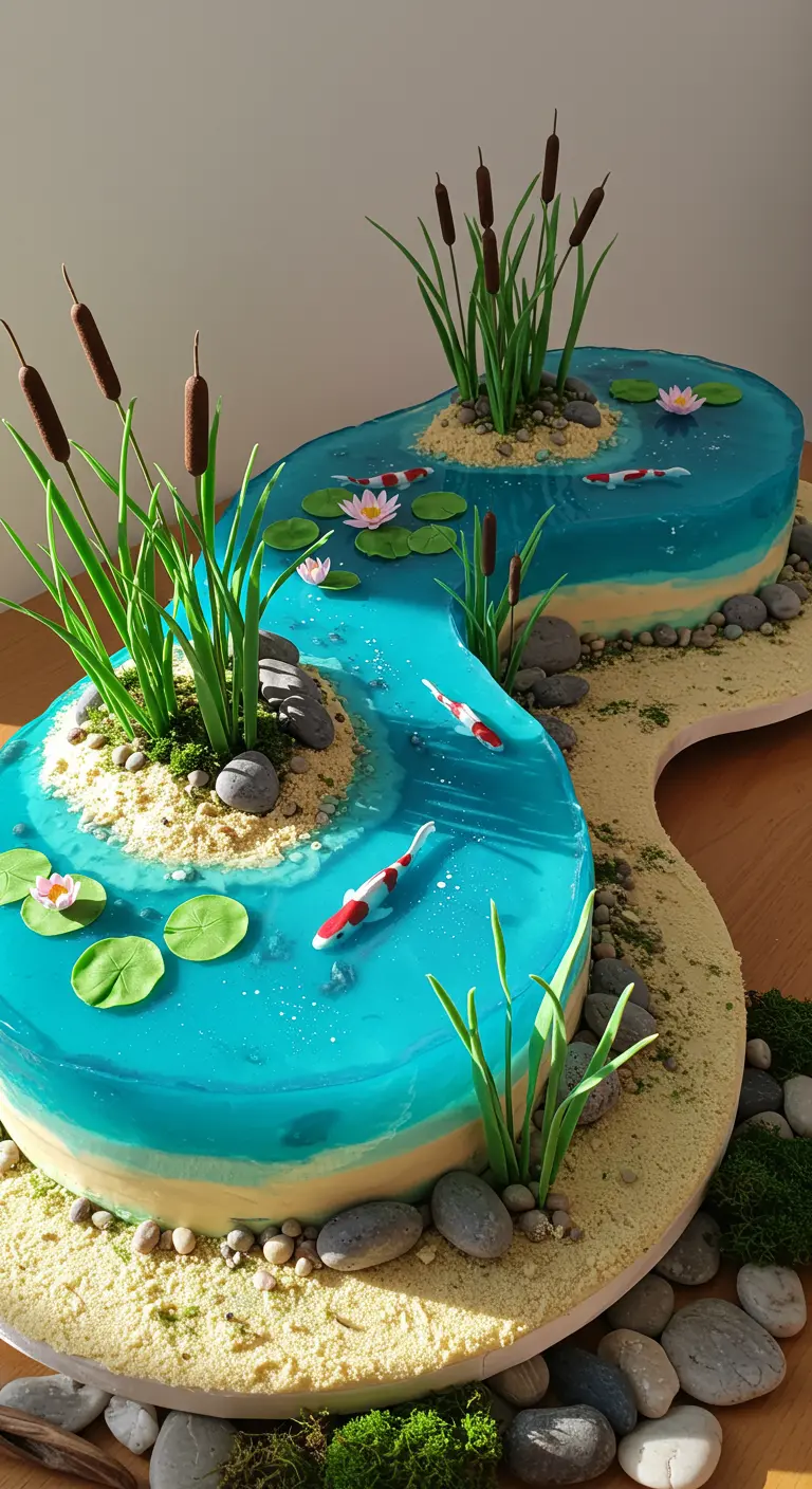 Eine Hochzeitstorte in Form eines Koi-Teichs mit blauer Gelatine, Sand, Zucker-Fischen und Pflanzen.