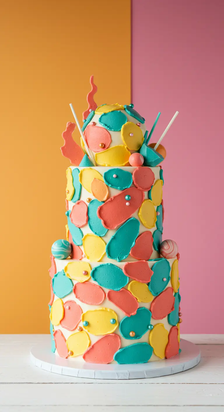 Zweistöckige Torte mit bunten abstrakten Buttercreme-Flecken und Perlen.