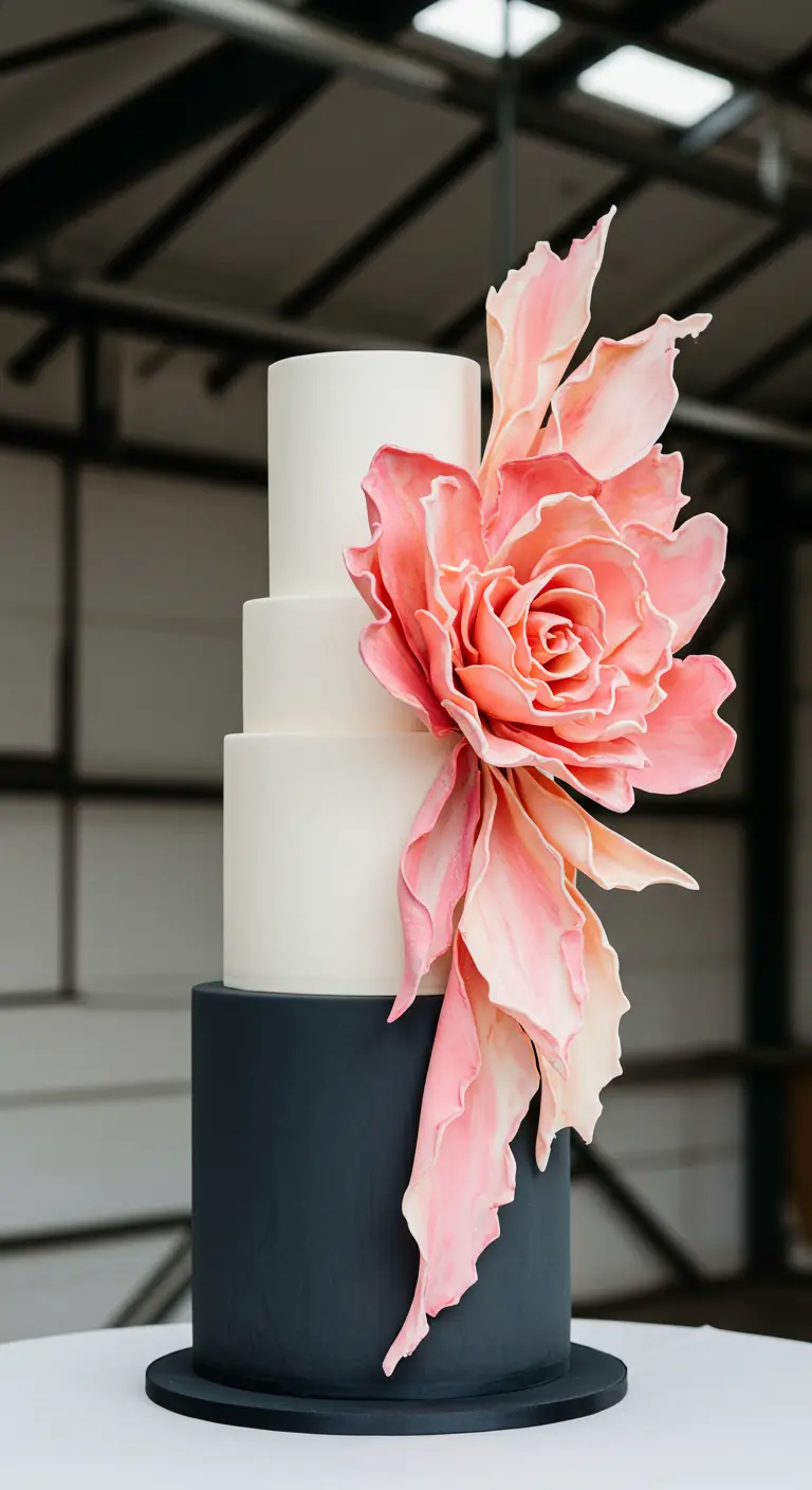 Dreistöckige Hochzeitstorte in Weiß und Anthrazit mit einer riesigen pinken Zuckerblume.