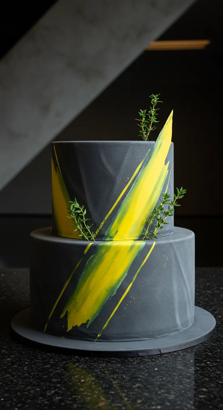 Zweistöckige, dunkelgraue Torte mit einem breiten gelben Pinselstrich und Thymian.