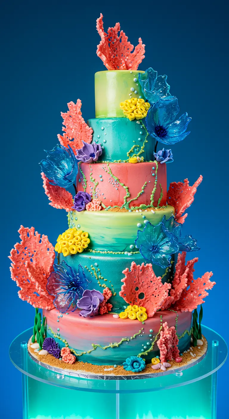 Bunte Ombré-Hochzeitstorte mit pinken Korallen, blauen Zuckerblumen und Meeresdetails.