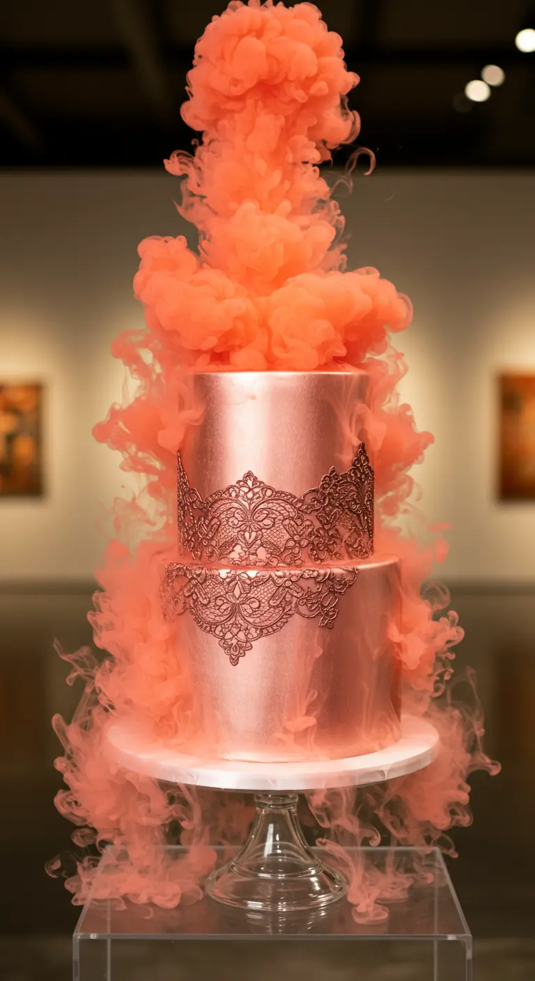 Rosé-goldene Torte mit Spitze, umgeben von leuchtend korallenfarbenem Nebel.