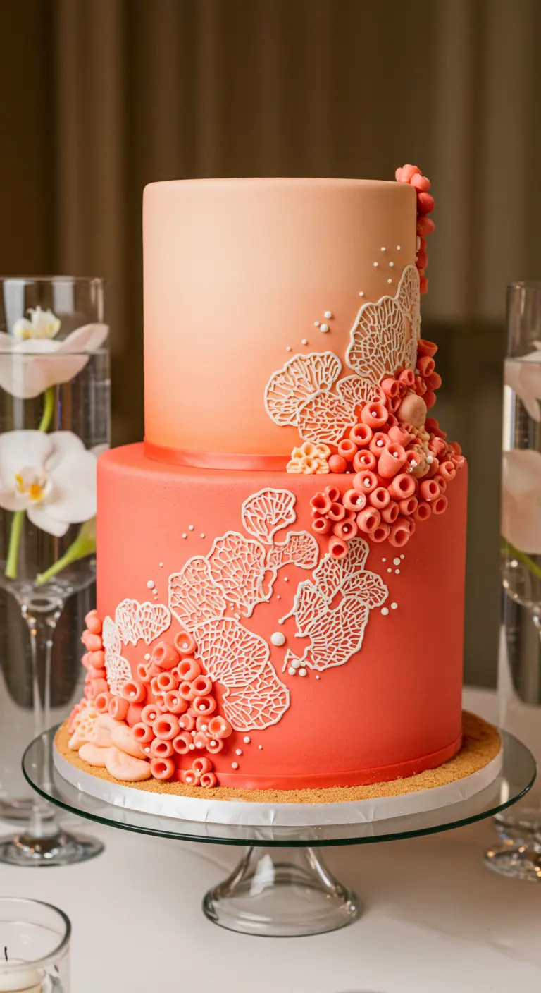 Zweistöckige Ombre-Torte in Korallenrot und Pfirsich, reich verziert mit weißen, korallenartigen Strukturen.