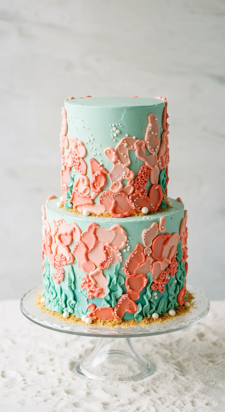 Zweistöckige Hochzeitstorte in Mint und Koralle mit abstrakten Strukturen.