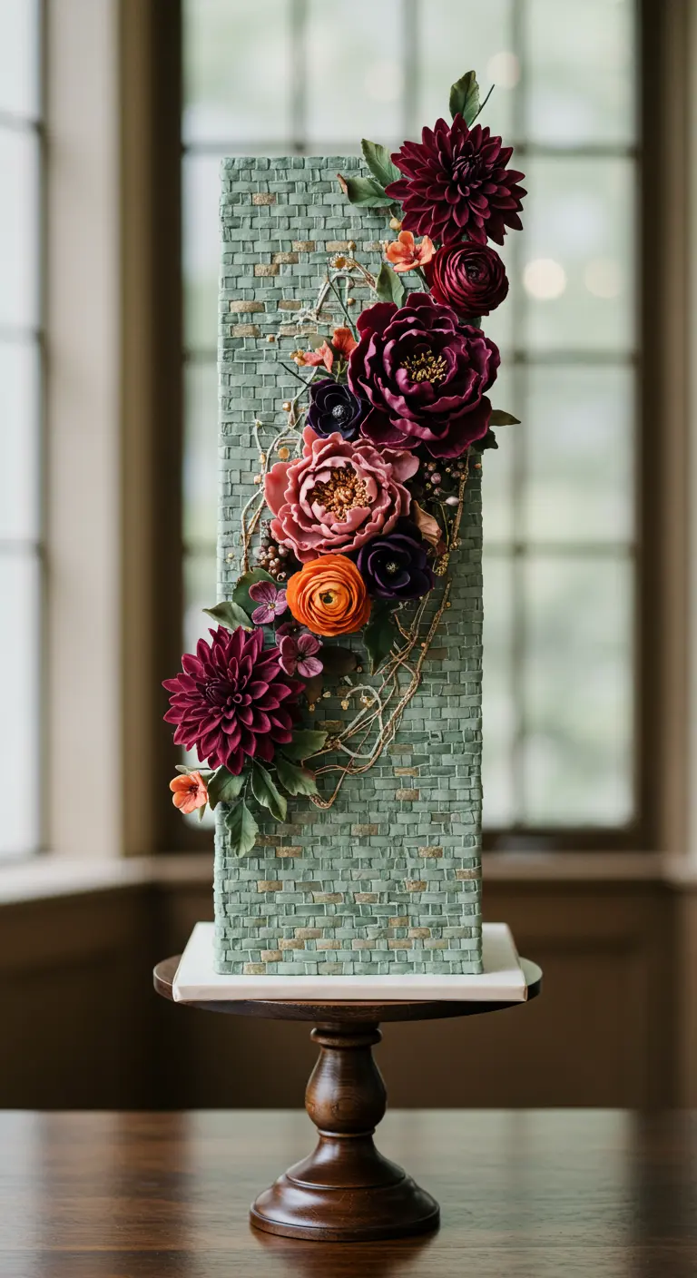 Hohe, rechteckige Torte mit mintgrüner Flechtstruktur und diagonalen dunklen Blumen.