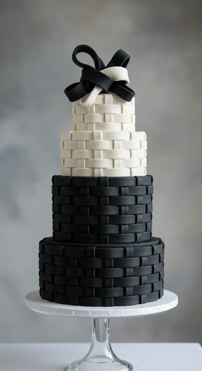 Dreistöckige Hochzeitstorte mit Korbgeflechtmuster, obere Etage weiß, untere schwarz, Schleife obenauf.
