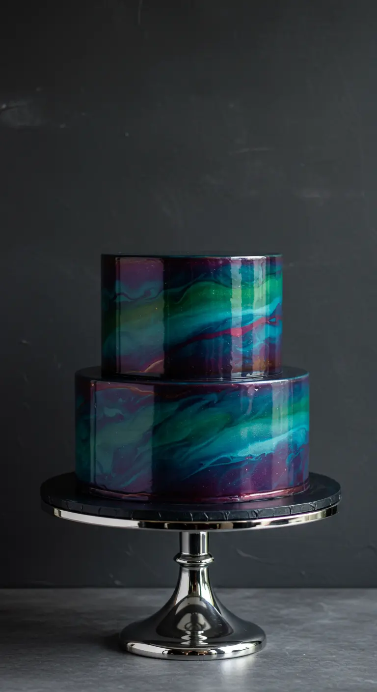 Zweistöckige Torte mit einer glänzenden, mehrfarbigen Spiegelglasur in Galaxien-Optik.