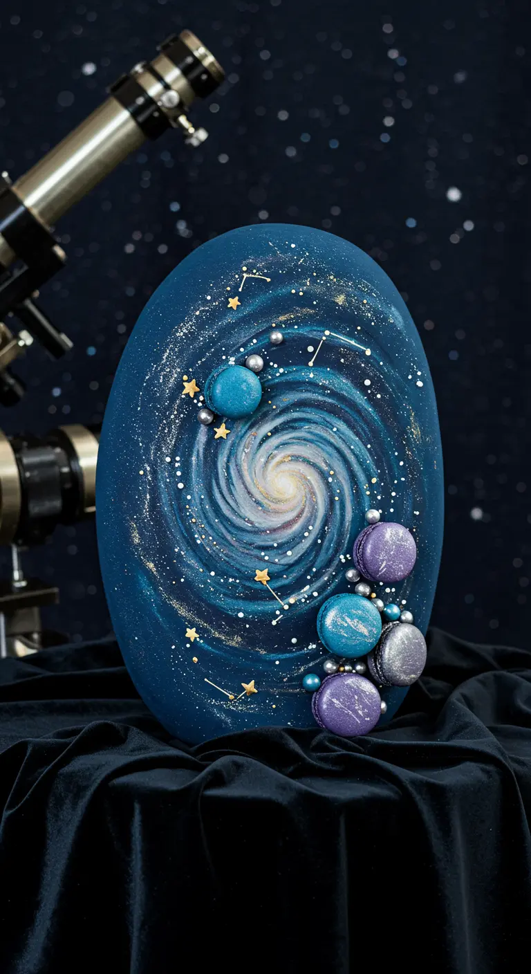 Ovale blaue Torte mit gemalter Galaxie, Sternen und blauen, lila Macarons.