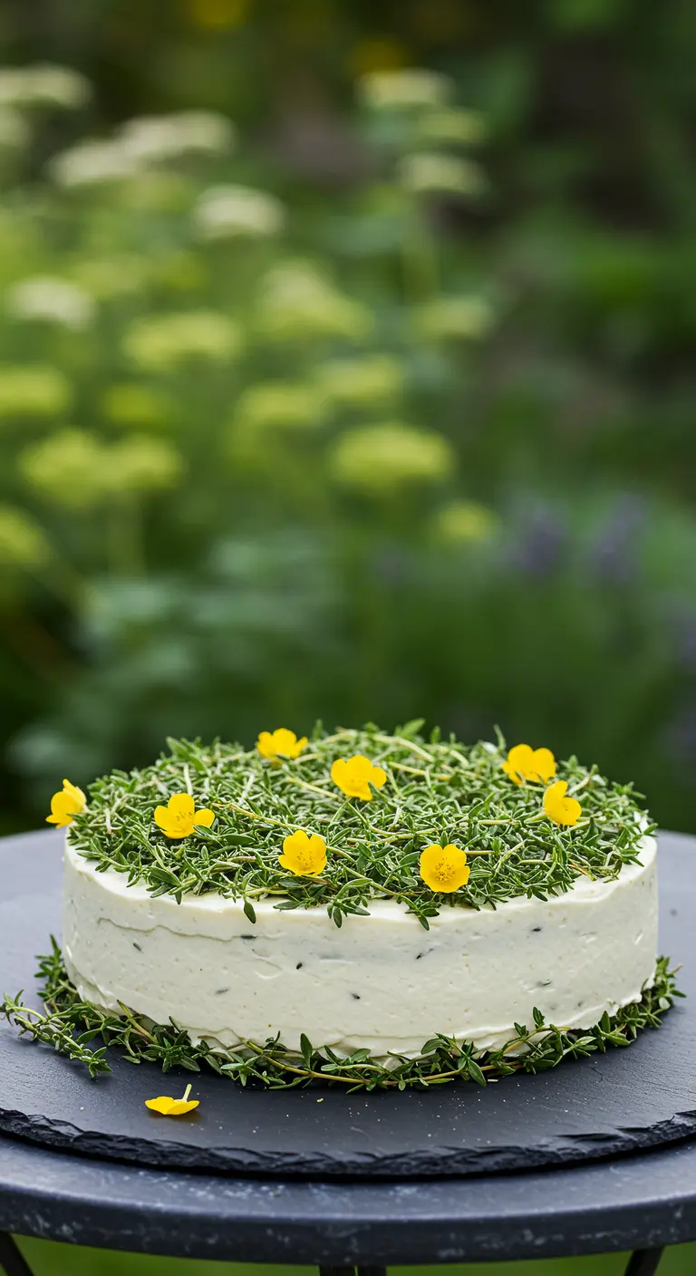 Weiße Torte vollständig mit frischem Thymian und kleinen gelben Blüten bedeckt.
