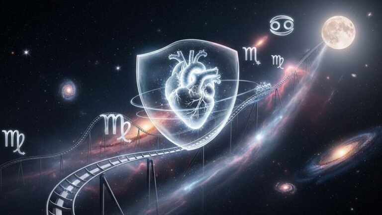 Krebs-Horoskop: Achterbahn der Gefühle. Ein geschütztes Herz rast auf einer Achterbahn unter dem Krebs-Sternbild.