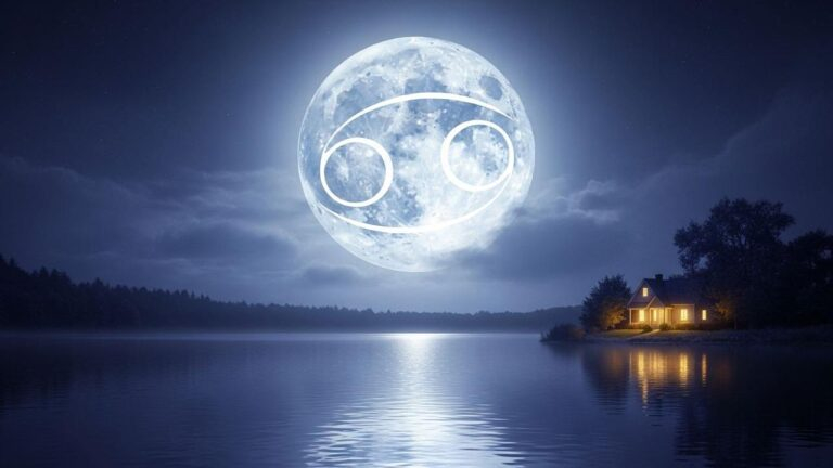 Krebs-Mond über See. Haus spendet Licht, familiäre Nähe spürbar. Emotionale Klarheit am 12. Juni.