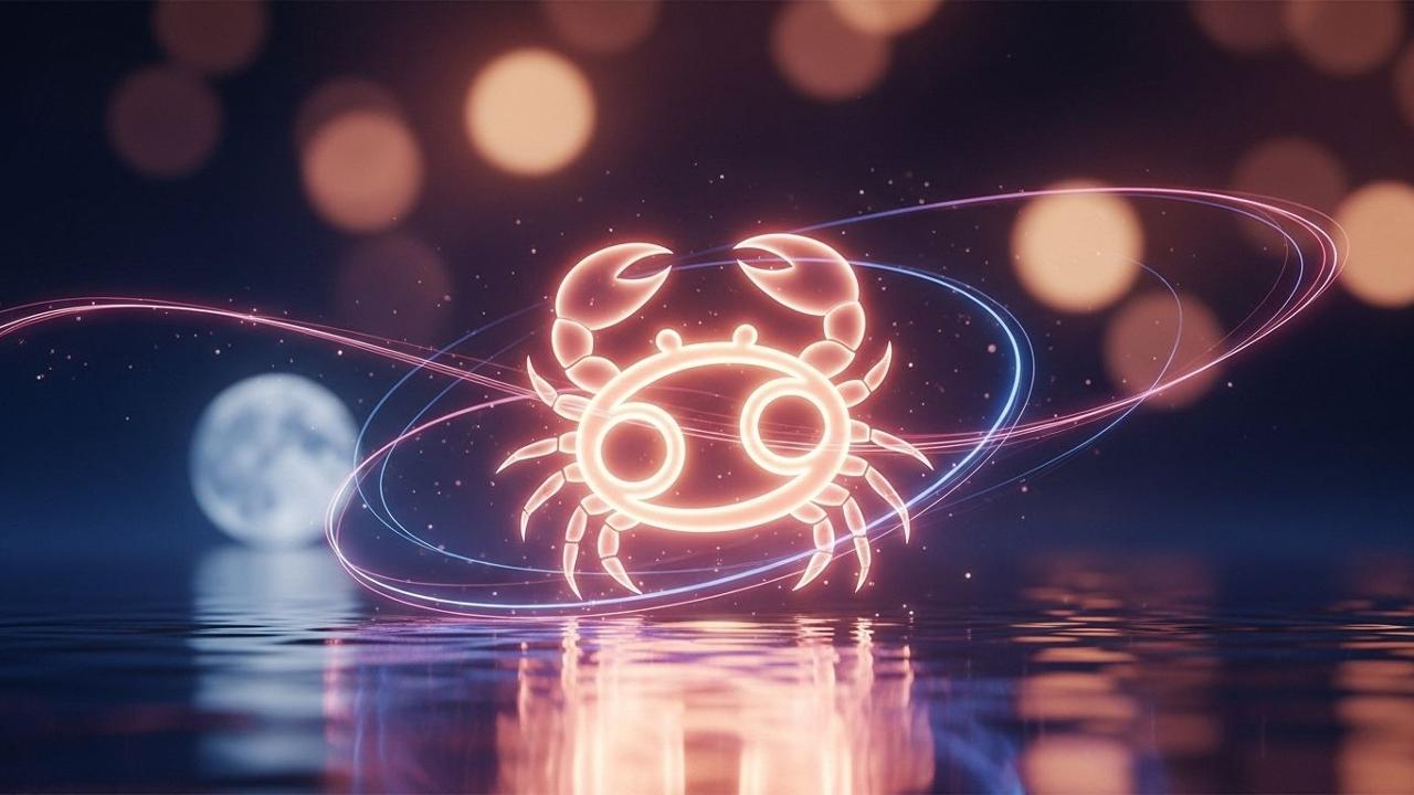 Horoskop Krebs: Leuchtendes Krebs-Sternzeichen über Wasser, Vollmond im Hintergrund. 10. Juni-Horoskop.