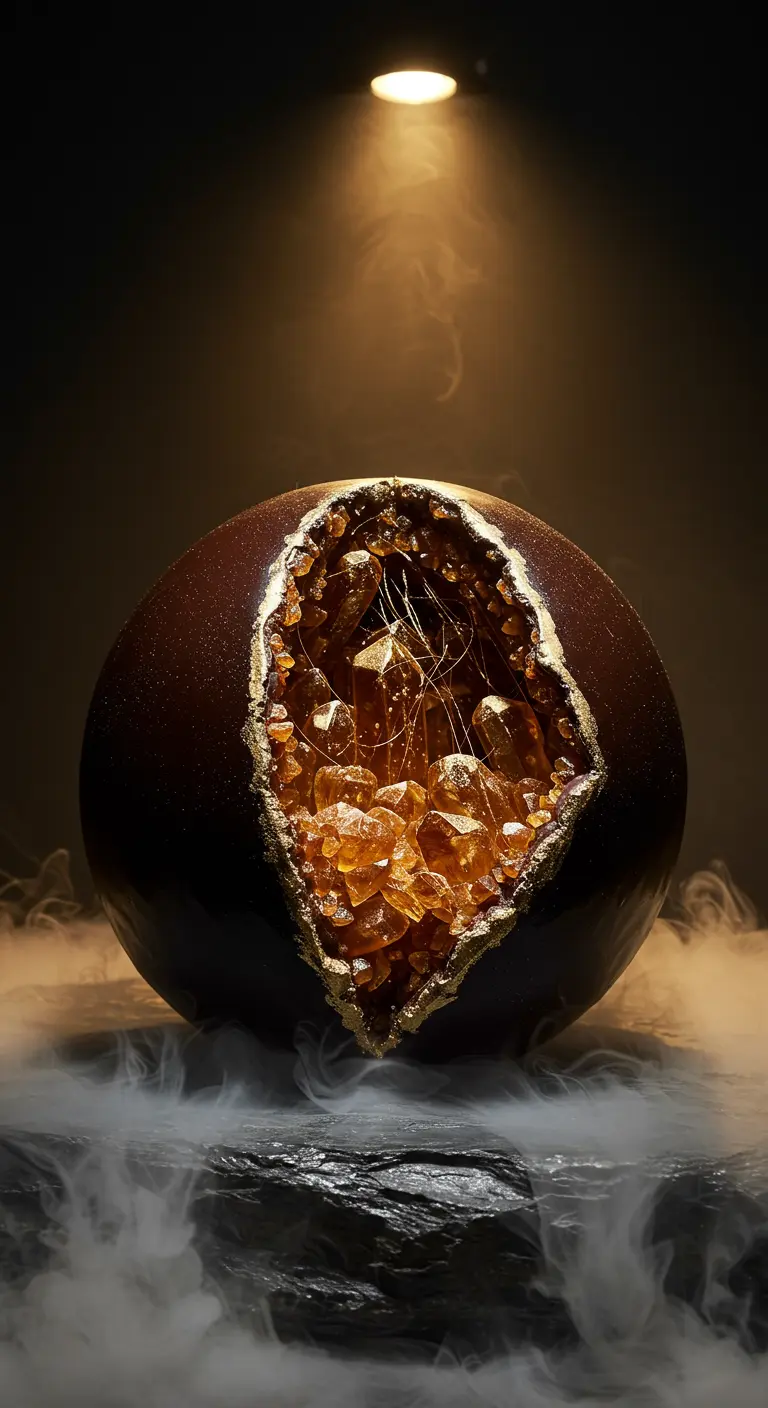 Runde, braune Torte, offenbart goldene Zuckerkristalle und umhüllt von mystischem Rauch.