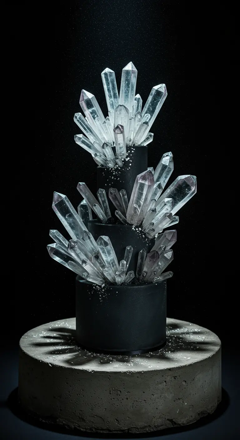 Zweistöckige schwarze Torte, bedeckt mit zahlreichen klaren und lila schimmernden Isomalt-Kristallen.