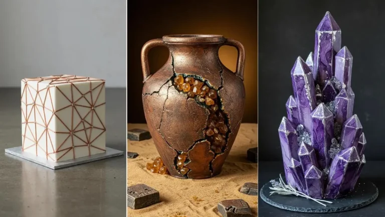 Hochzeitstorten mit Zuckersteinen und Metallic-Schimmer: Quadratisch, Urne und Amethyst-Design.