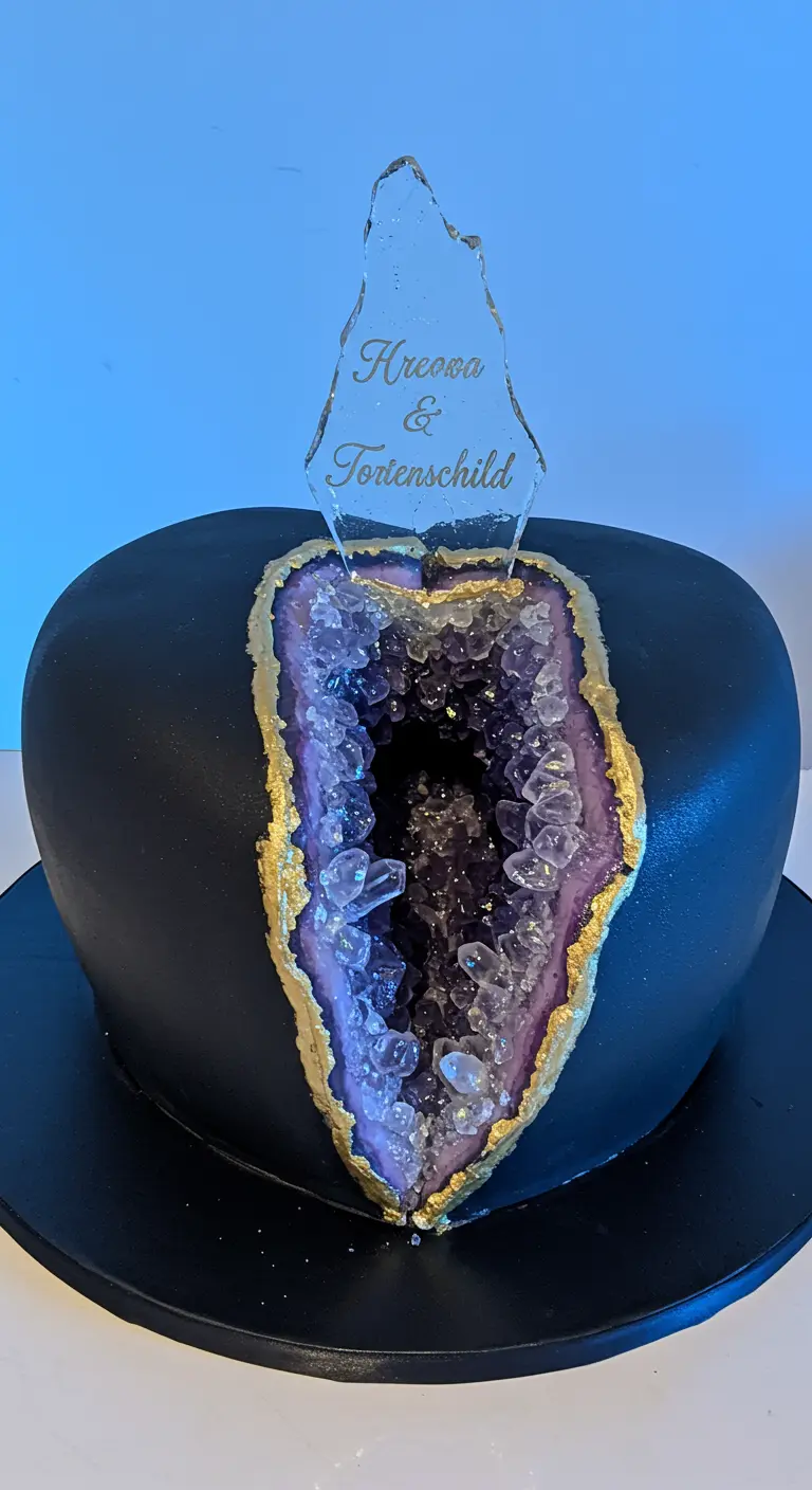 Dunkle Torte mit Amethyst-Geoden-Effekt und transparentem Namensschild-Topper.