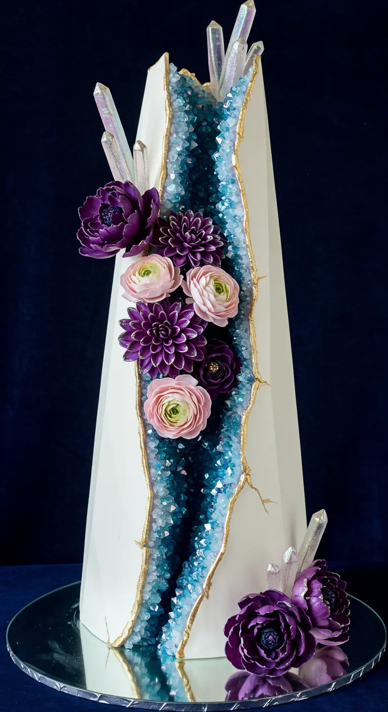 Hohe, weiße Torte in Pyramidenform mit blauem Geode-Spalt und lila-pinken Blumen.