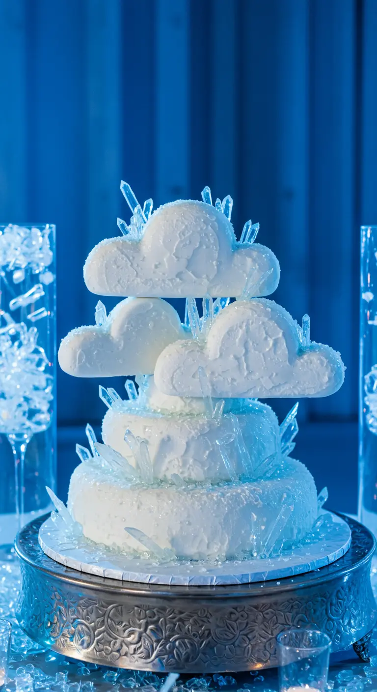 Weiße Torte mit Fondant-Wolken und durchsichtigen Zuckerkristallen, die Eis ähneln.