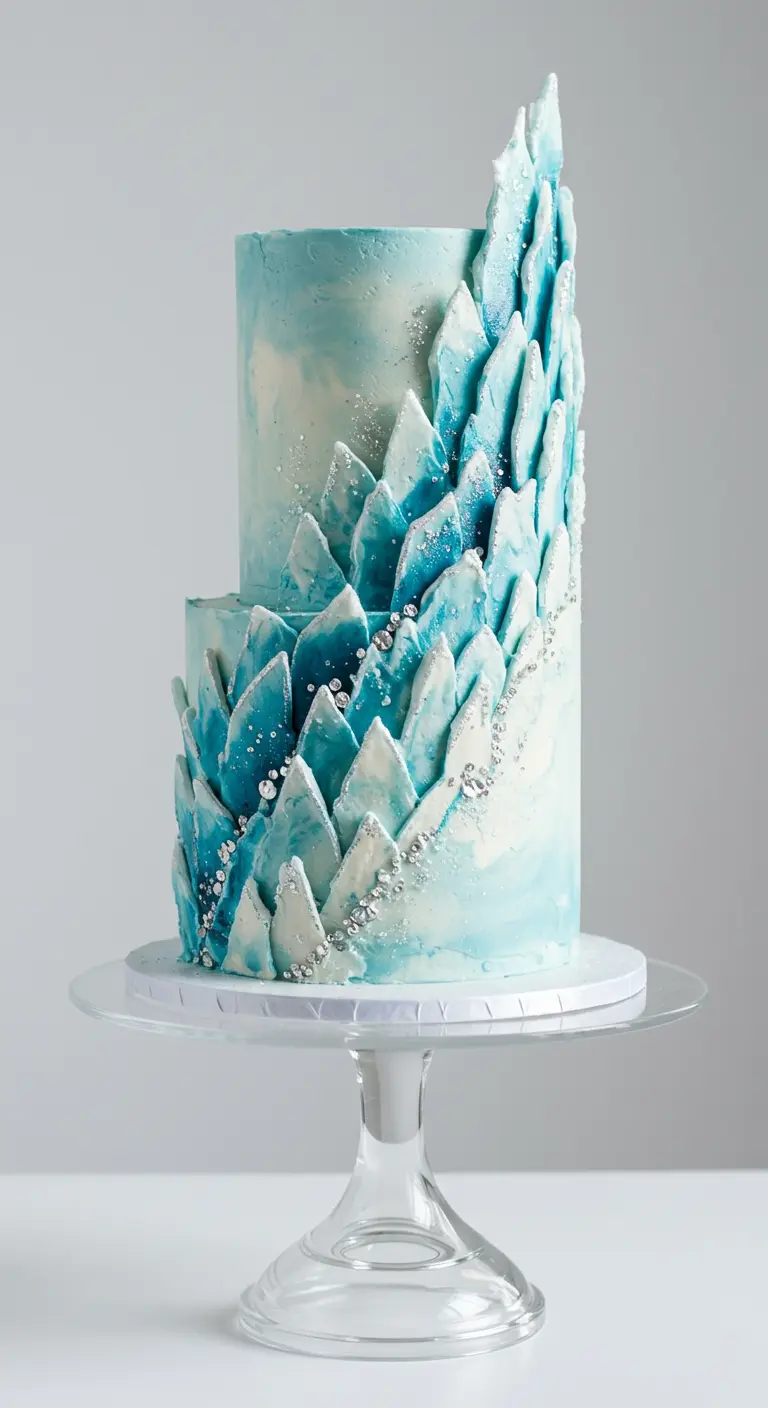 Zweistöckige Hochzeitstorte in Hellblau-Weiß mit eisigen Kristallstrukturen.
