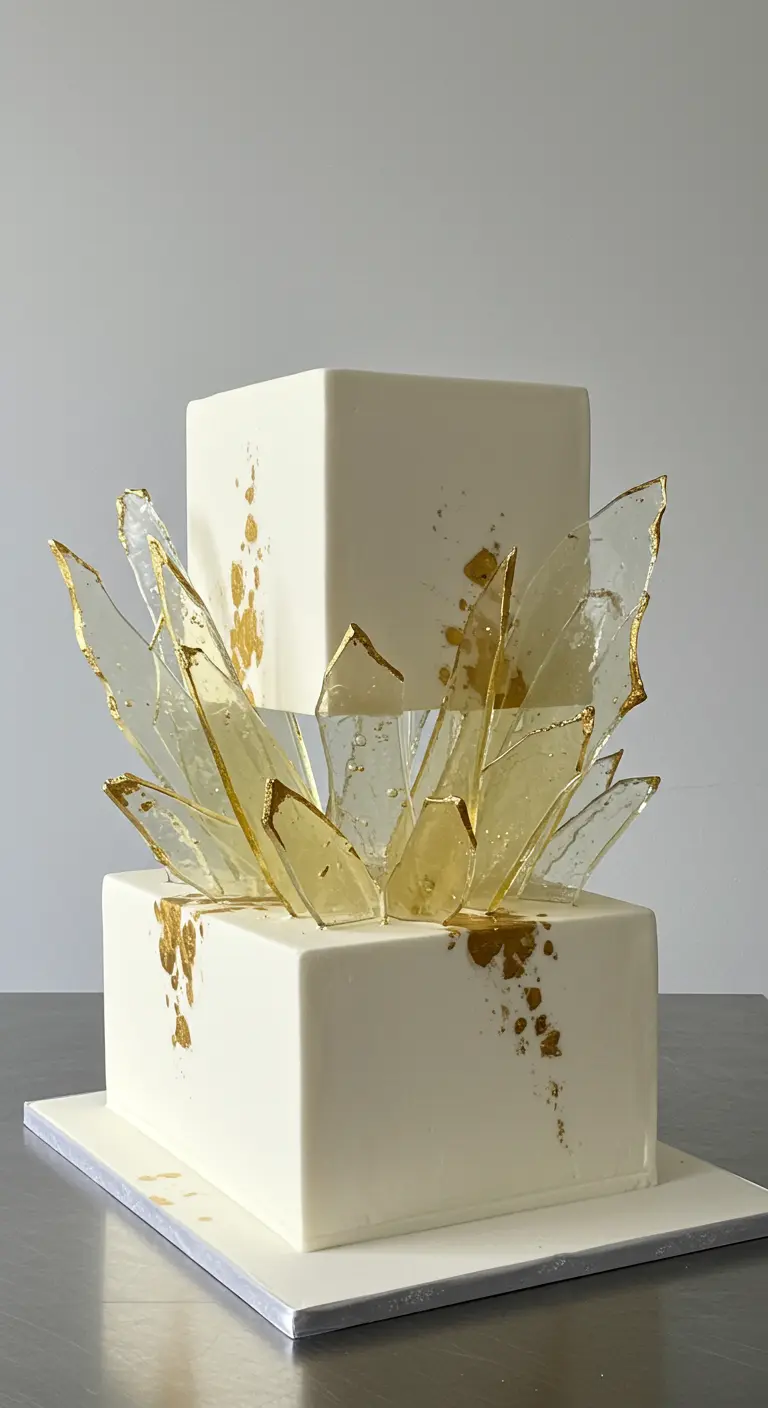 Zweistöckige weiße quadratische Torte mit goldenen Akzenten und klaren Zuckersplittern.