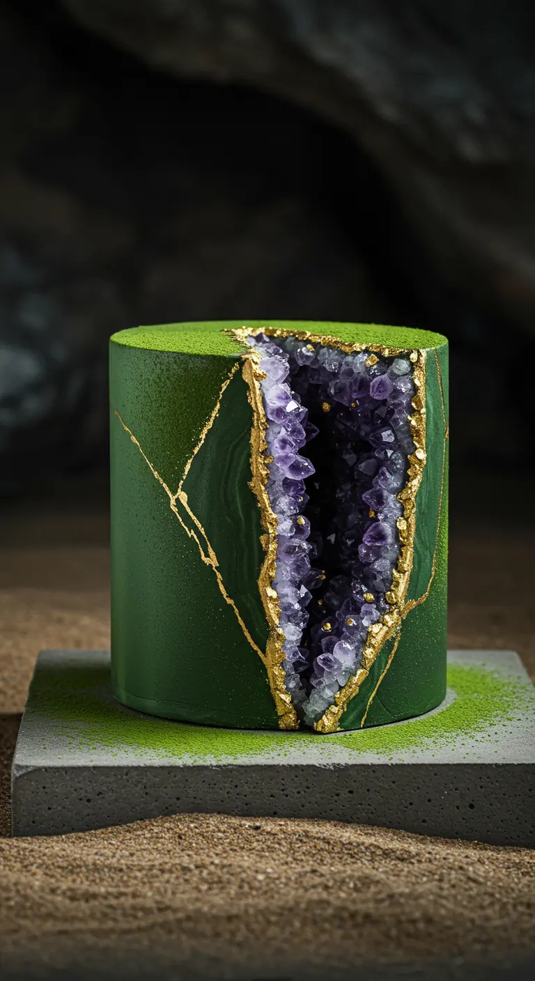 Dunkelgrüne Torte mit einer aufbrechenden Amethyst-Geode und Goldrändern, bestäubt mit Matcha.