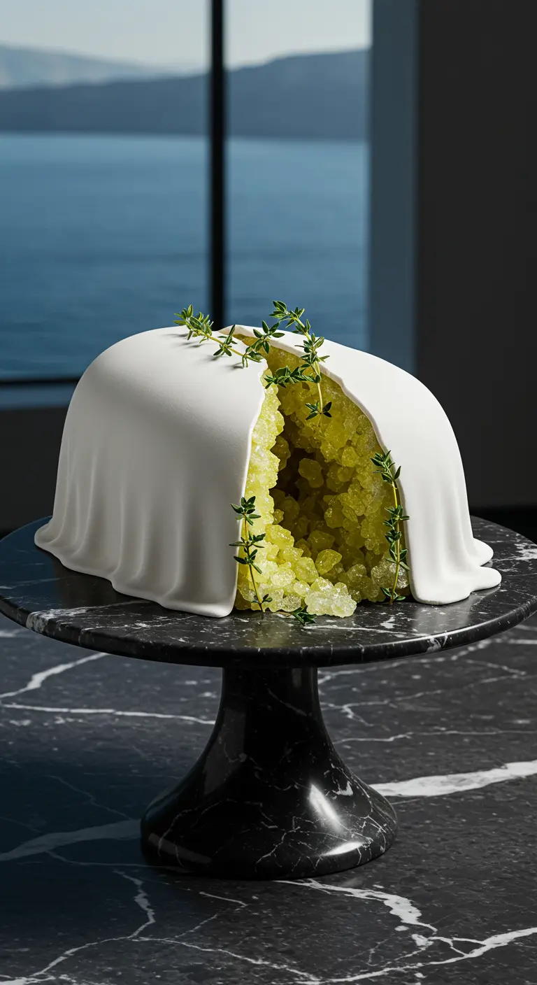 Weiße Torte mit drapiertem Fondant, aufgeschnitten, enthüllt gelbe Zuckerkristalle und Thymian.
