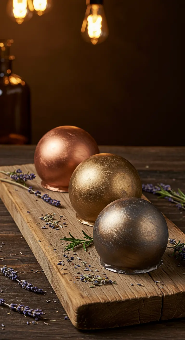 Drei kugelförmige Mini-Kuchen in Kupfer, Gold und Bronze auf Holzbrett mit Lavendel.