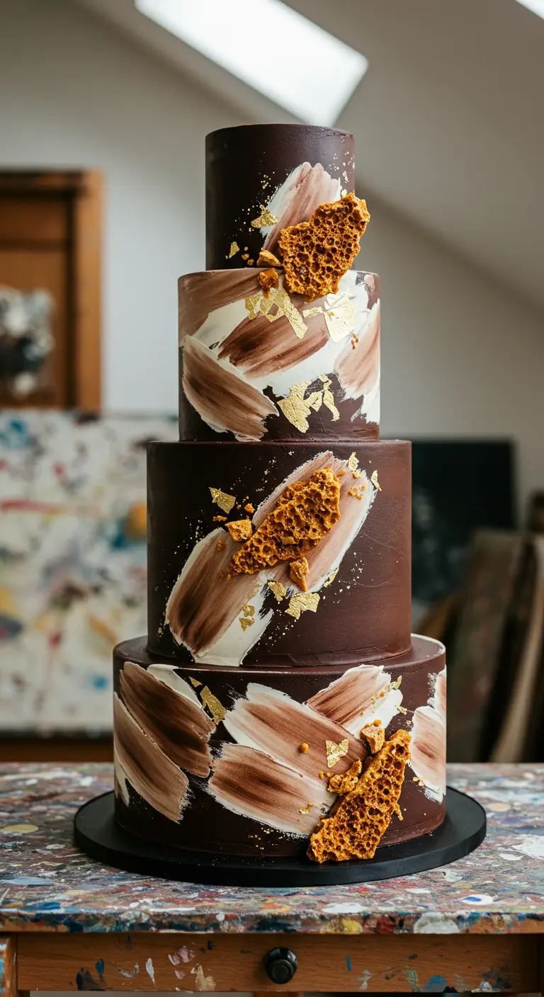 Mehrstöckige Torte mit Schoko-Pinselstrich-Design, Honigwaben-Crunch und goldenem Blattgold.