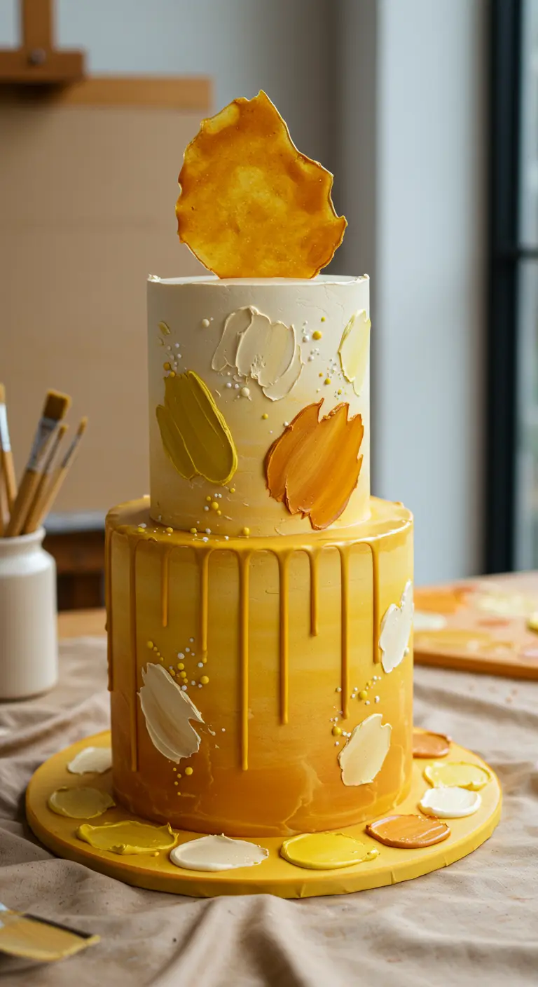 Zweistöckige Ombre-Torte in Gelb und Orange mit Pinselstrich-Muster und Drip-Effekt.