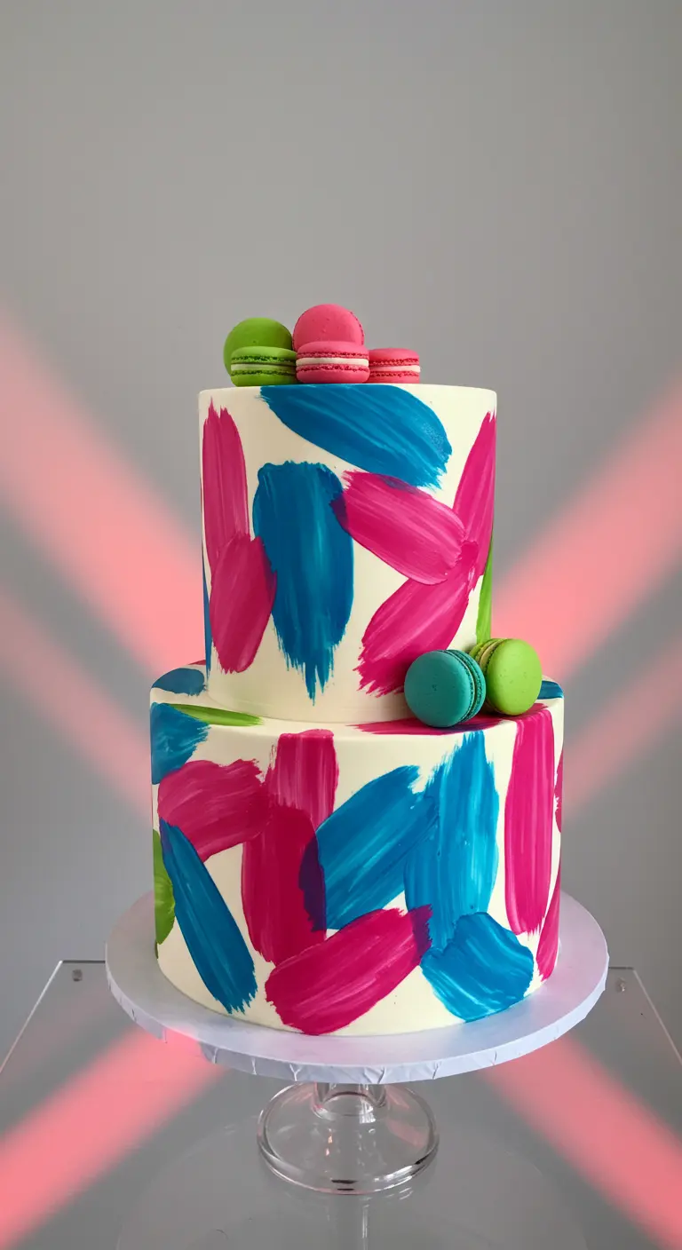 Zweistöckige Torte mit bunten Pinselstrichen in Pink, Blau, Grün und passenden Macarons.