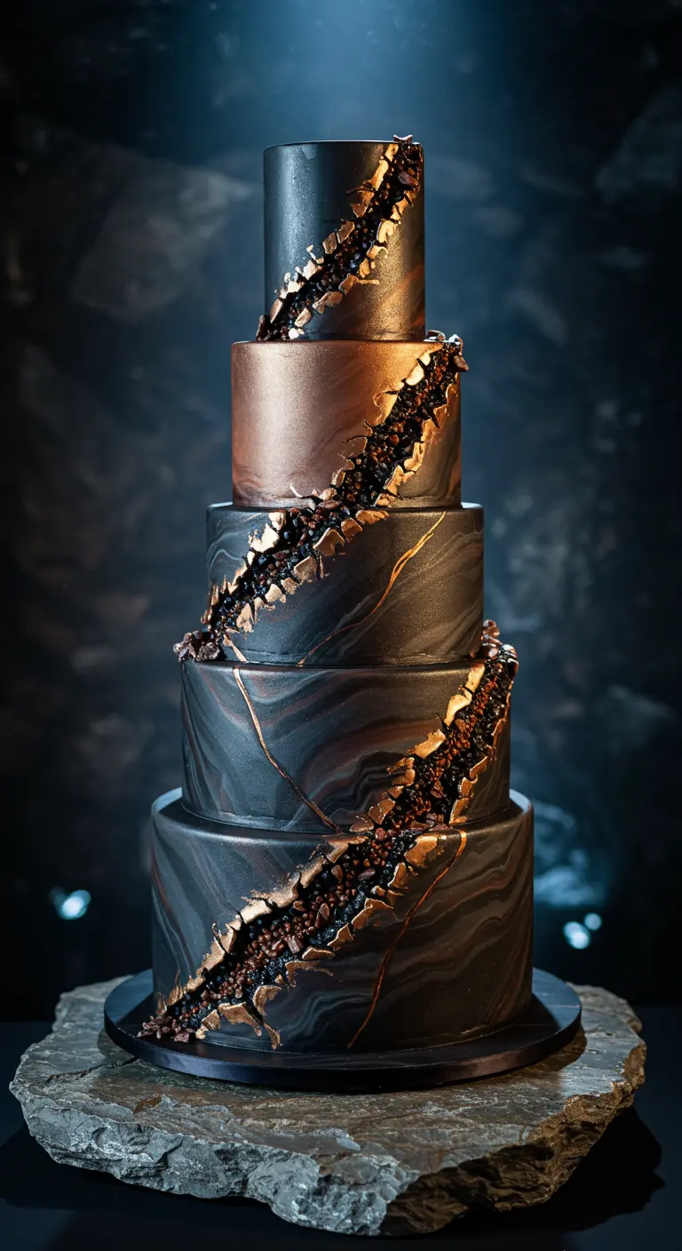 Mehrstöckige Marmortorte mit Kupfer-Gold-Geodenrissen und dunklem, knusprigem Füllmaterial.
