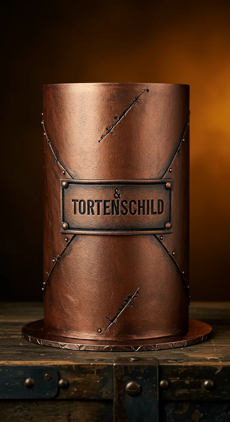 Kupferfarbene Torte im Industrie-Look mit Namensplakette „TORTEN & SCHILD“.