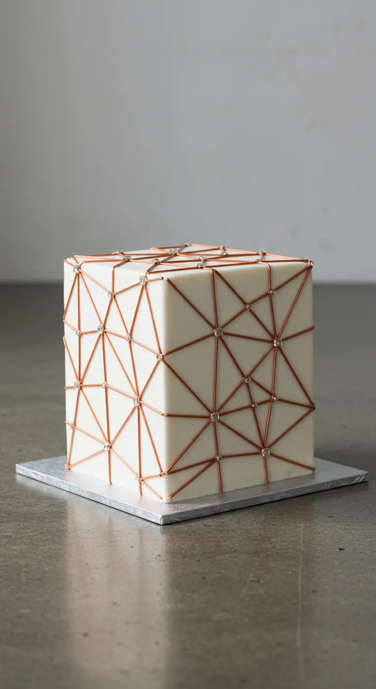 Weiße, quadratische Torte mit geometrischem Muster aus Kupferdraht und kleinen Kristallen.