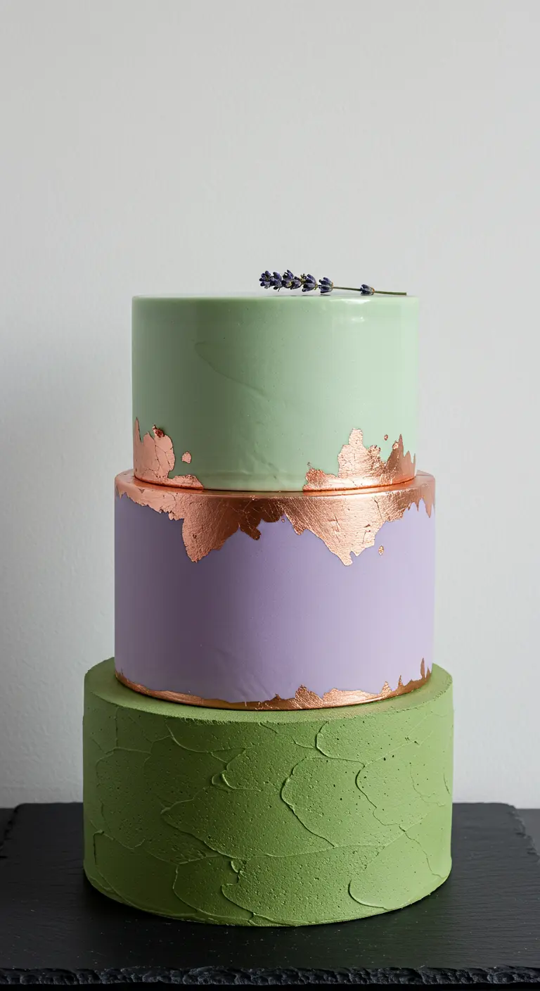 Dreistöckige Torte in verschiedenen Grün- und Lilatönen mit Kupferblatt-Akzenten und unterschiedlichen Texturen.