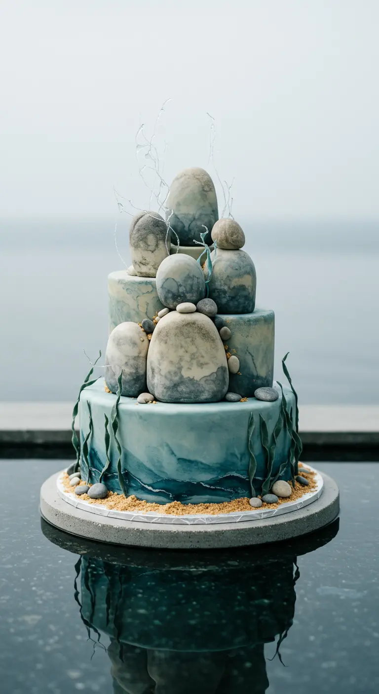 Mehrstöckige blaue und graue Torte, verziert mit modellierten Felsen und Seegras, auf einem reflektierenden Untergrund.