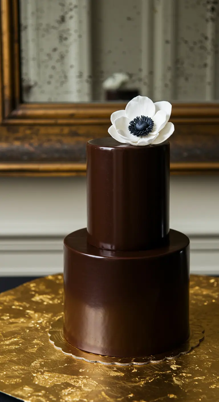 Zweistöckige, hochglänzende Schokoladentorte mit einer einzelnen weißen Anemone aus Zucker.