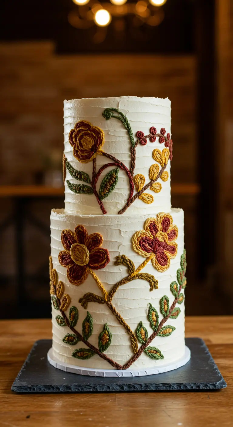Buttercreme-Torte mit gestickten Blumen im rustikalen 70er-Jahre-Stil.