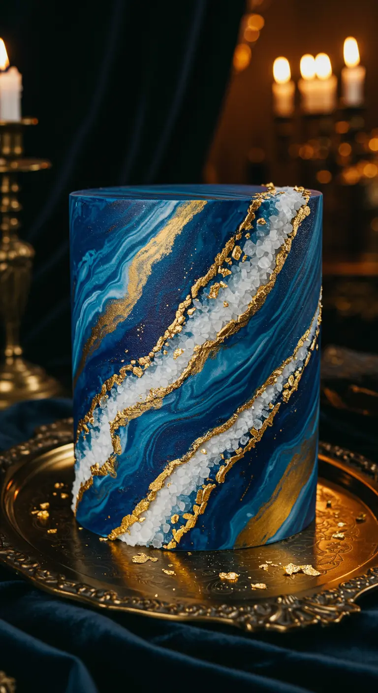 Blaue Marmortorte mit goldenen Akzenten und diagonalen Bändern aus weißen Zuckerkristallen.