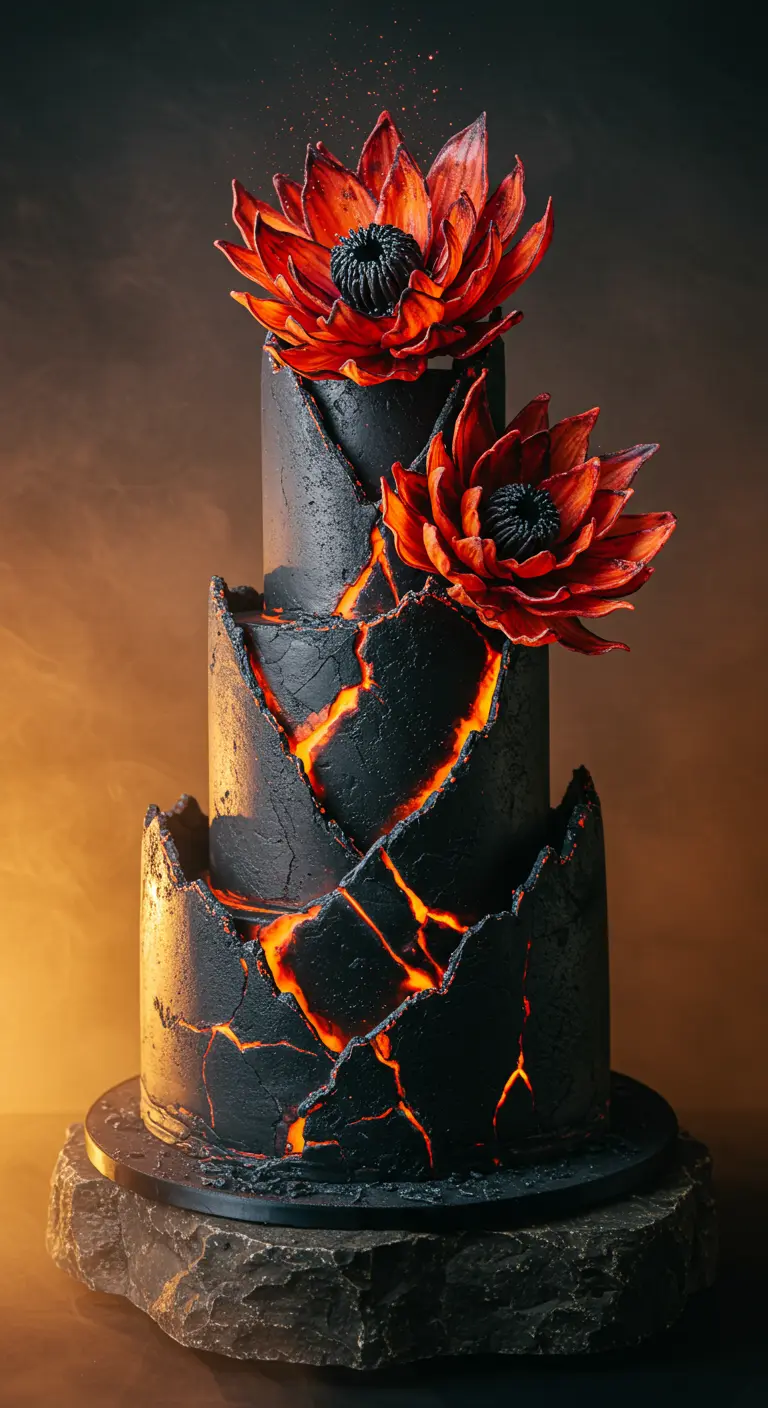 Schwarze Torte mit Rissen, aus denen orangefarbenes Licht strömt, und roten Lotusblüten.