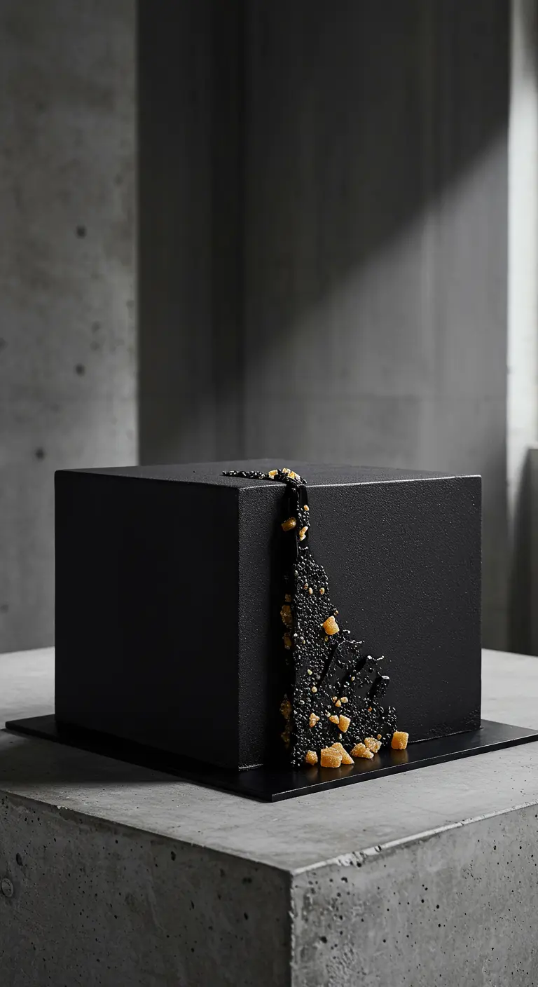 Schwarze quadratische Torte mit vertikalem Abfluss aus schwarzem und goldenem Granulat.