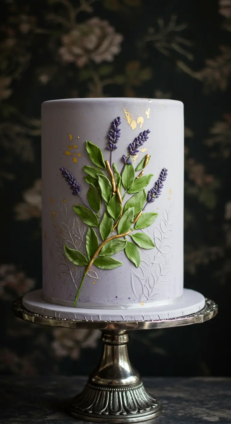 Lila Torte mit einem aufmodellierten 3D-Lavendelzweig und goldenen Sprenkeln.