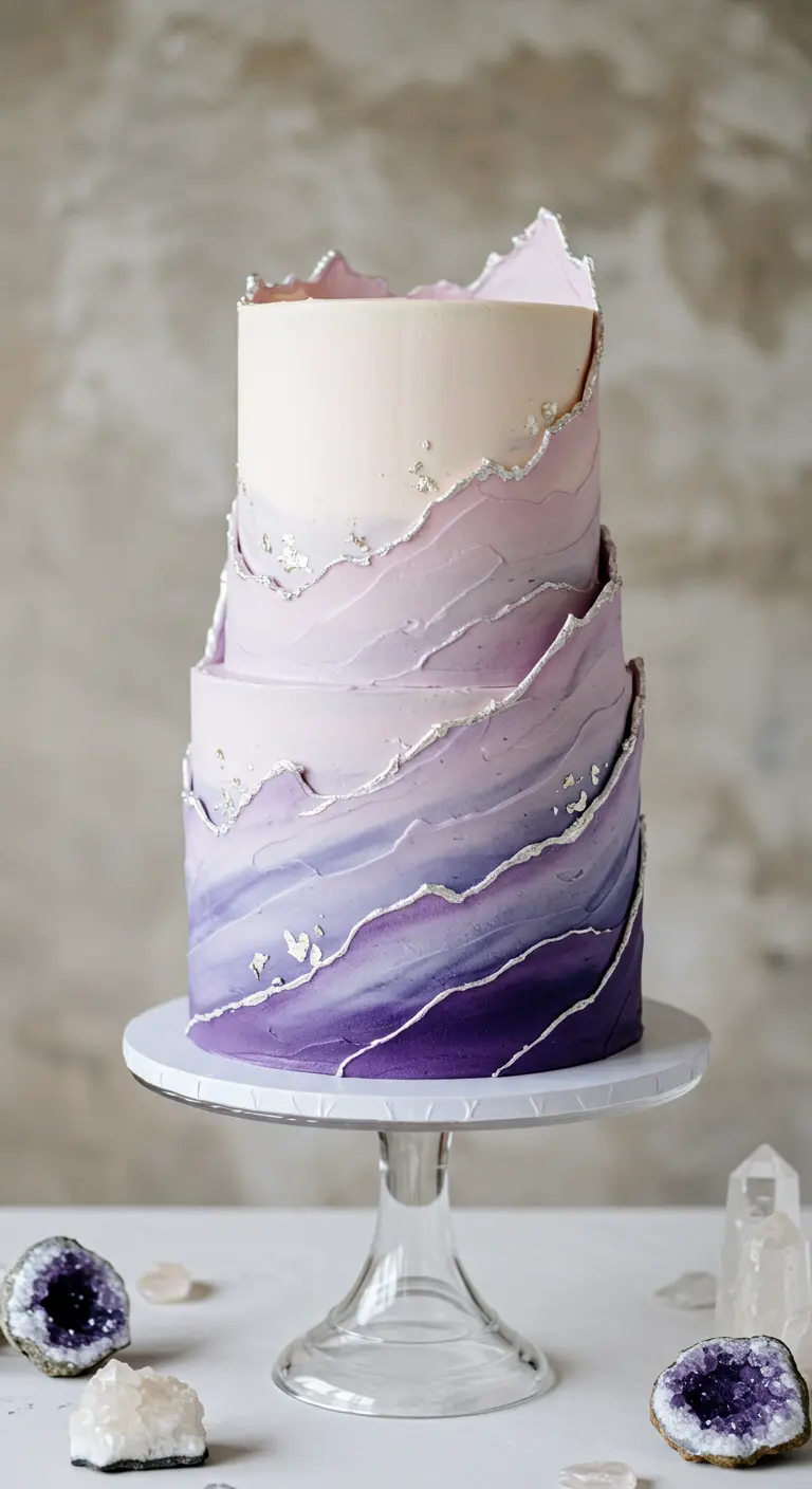 Mehrstöckige Hochzeitstorte in Lila-Ombré mit silbernen Wellenkanten.