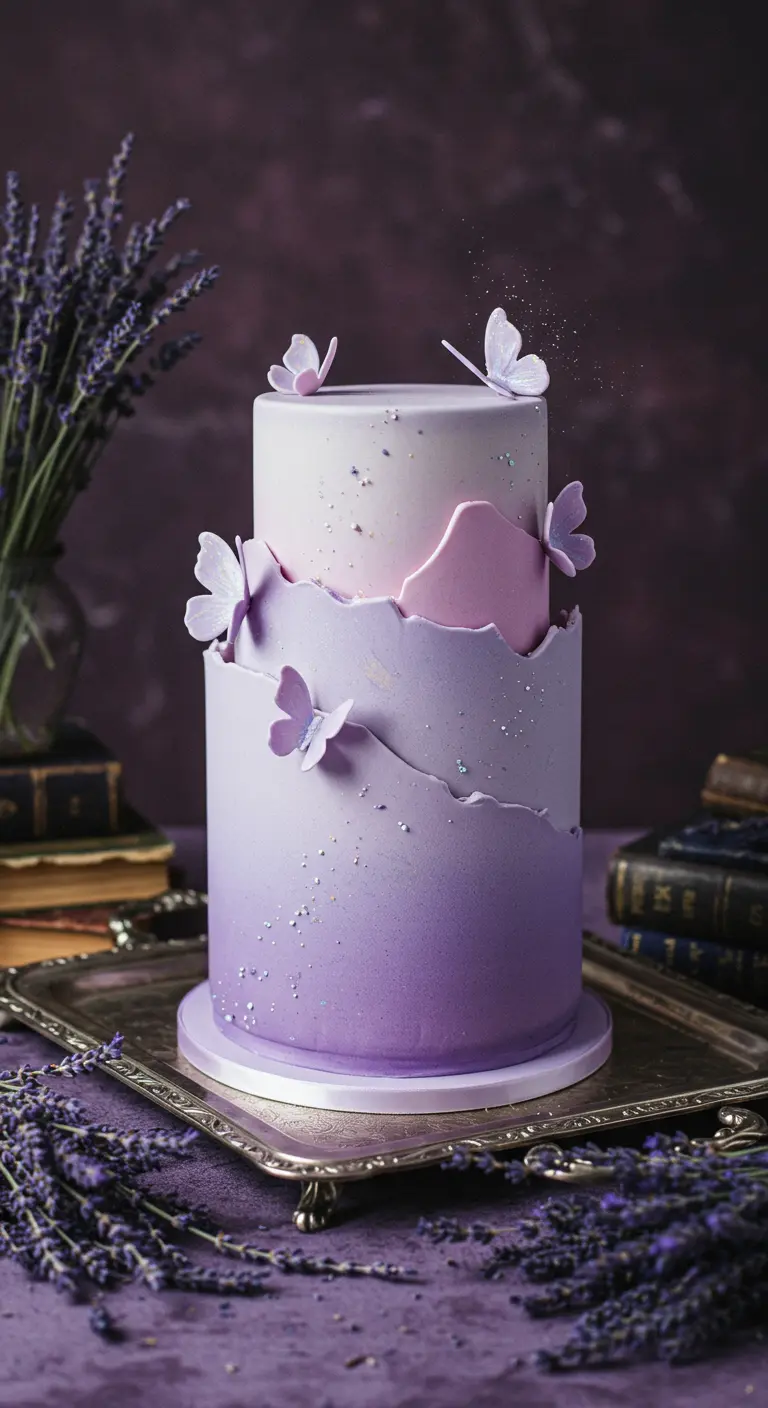 Zweistöckige lila Ombré-Torte mit unregelmäßigen Farbkanten und lila Schmetterlingen.